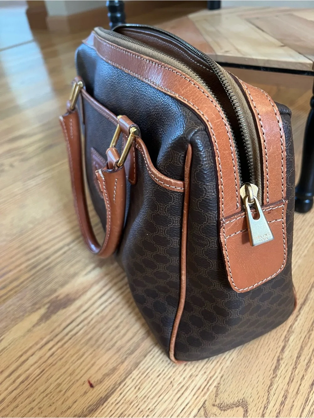 Celine Brown Monogram Bowling Bag with Tan Leather Trim